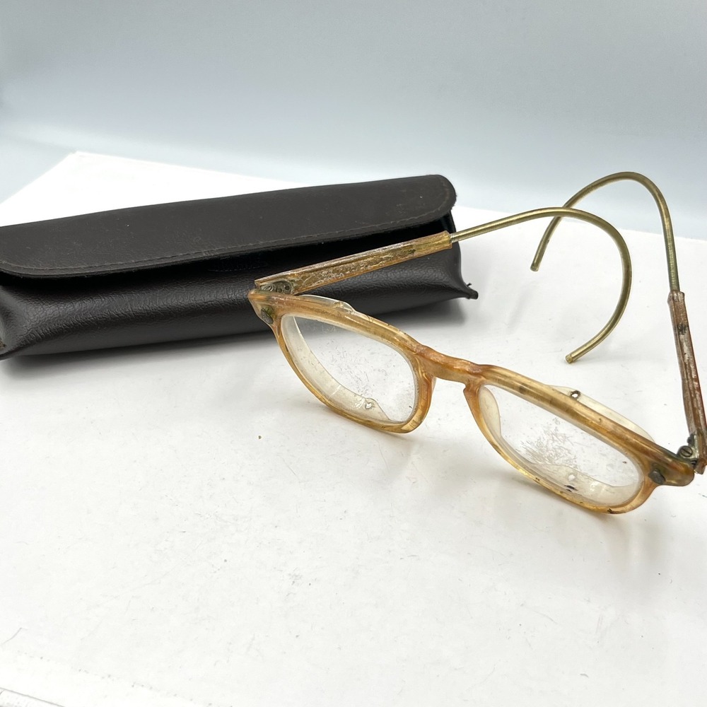 VTG Mid-Century Amber Celluloid Eyeglasses Frame Retro Cable Temples with Case